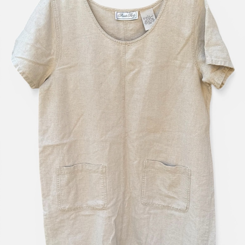 PRIVATE PARTY Natural Beige Linen Blend Scoop Dress Frock with pockets, L